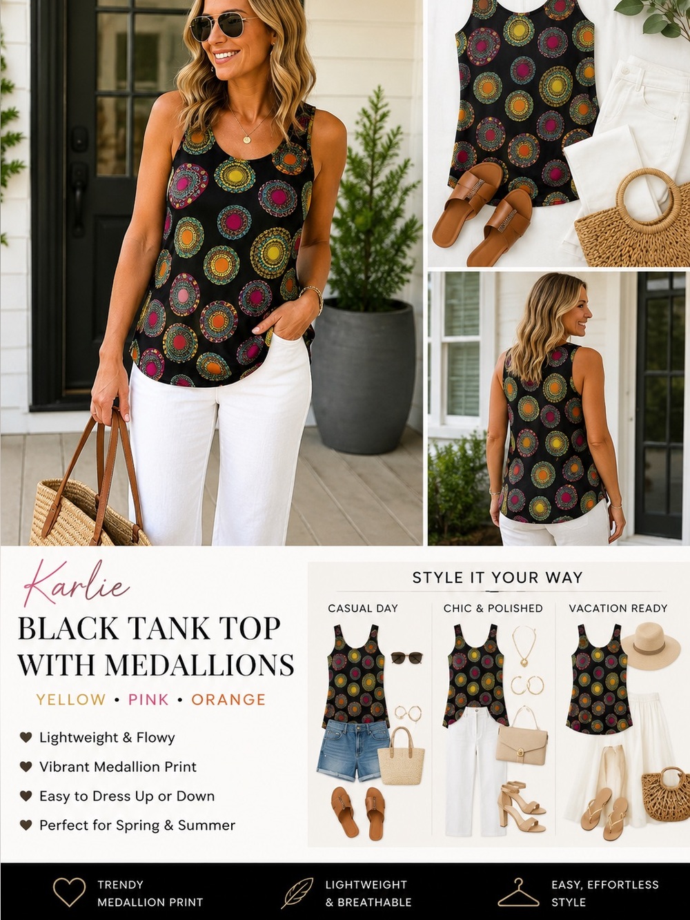 Karlie Black Tank Top with Yellow, Pink and Orange Medallions